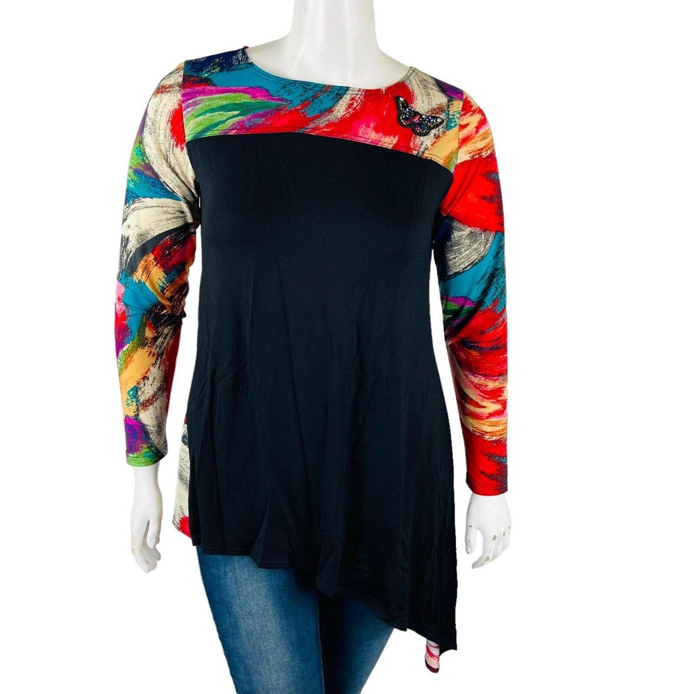 New Mischca Womans Sz Large Blouse Black Long Sleeve Pull Over Tunic NWT